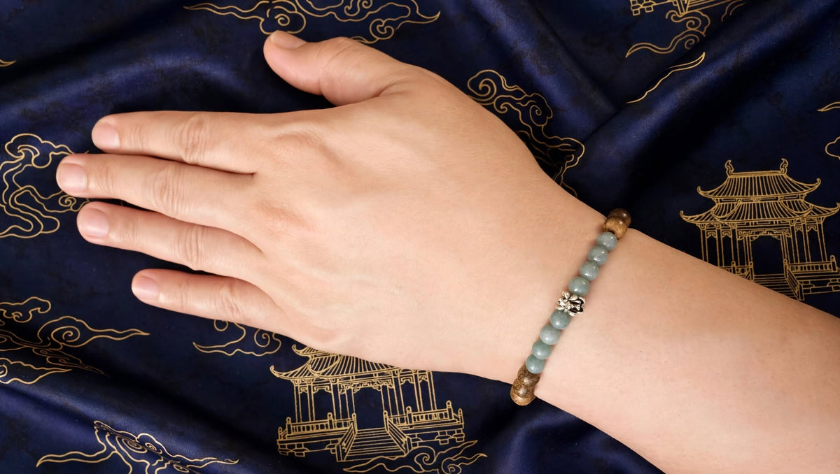 Natural Agarwood & Blue Water Jadeite Bracelet with Vintage Flower Focal Accent