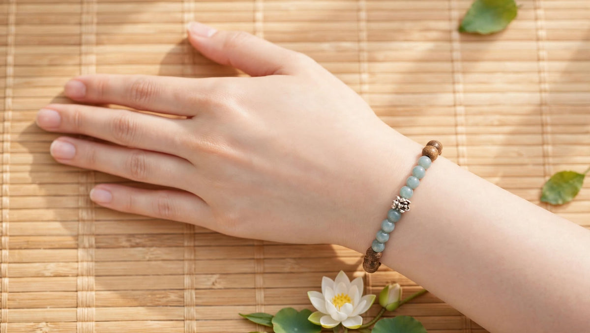 Natural Agarwood & Blue Water Jadeite Bracelet with Vintage Flower Focal Accent