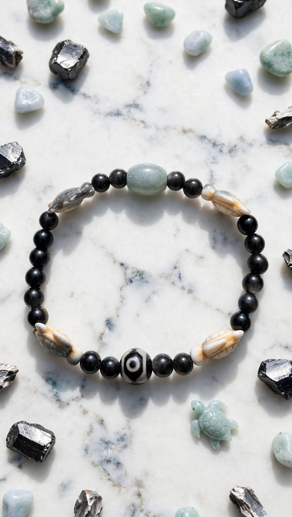 Sacred Shield Silver Sheen Obsidian, Jade & 3-Eye Dzi Multi-Element Bracelet