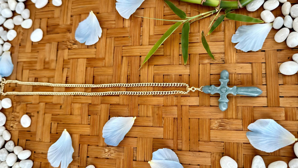Sacred Reflection Blue Water Jade Cross Pendant Necklace