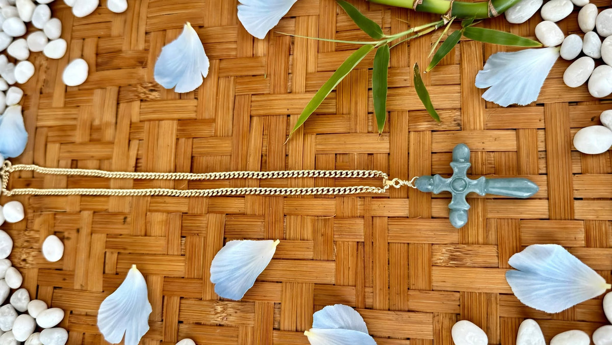 Sacred Reflection Blue Water Jade Cross Pendant Necklace