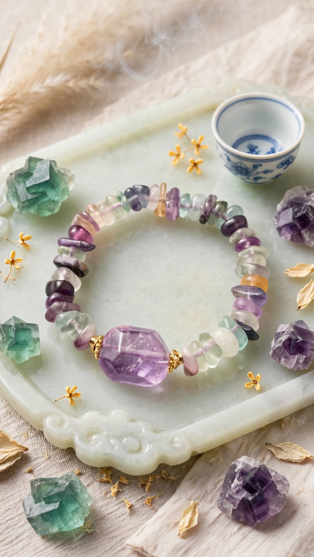 Natural Fluorite Chunky Chip Bracelet with Lavender Amethyst Focal Stone