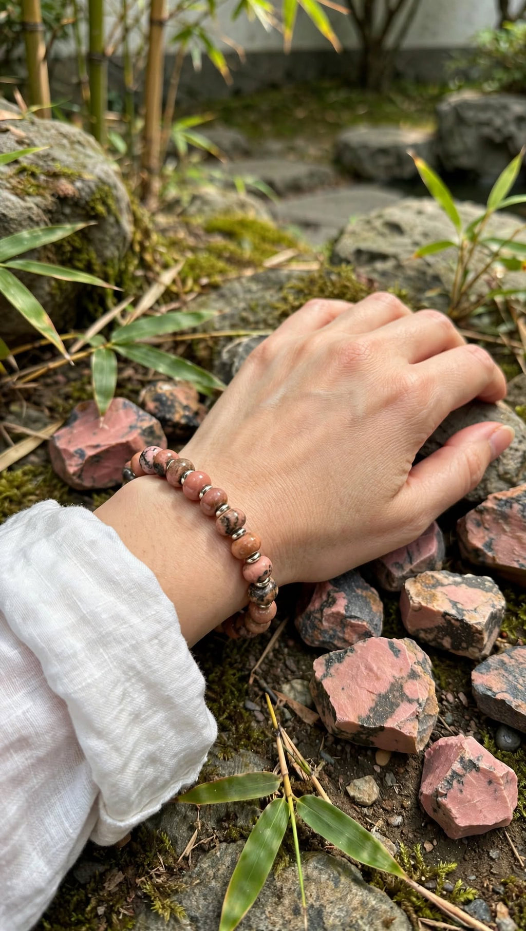 Earthy Rhodonite Abacus Bracelet with Dual Metal Spacers