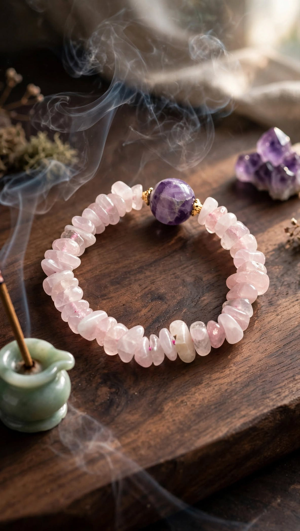 Natural Rose Quartz Chip Bracelet with Amethyst Focal Bead