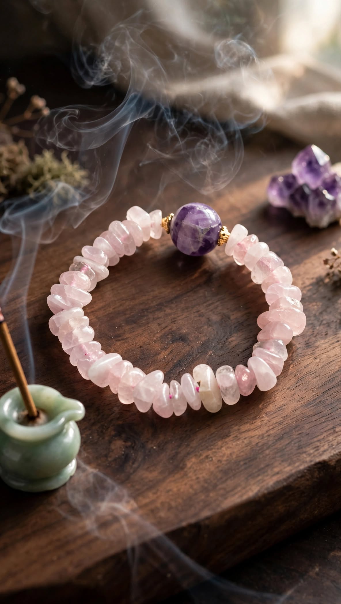 Natural Rose Quartz Chip Bracelet with Amethyst Focal Bead