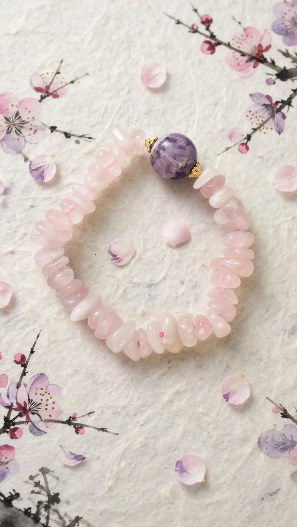 Natural Rose Quartz Chip Bracelet with Amethyst Focal Bead