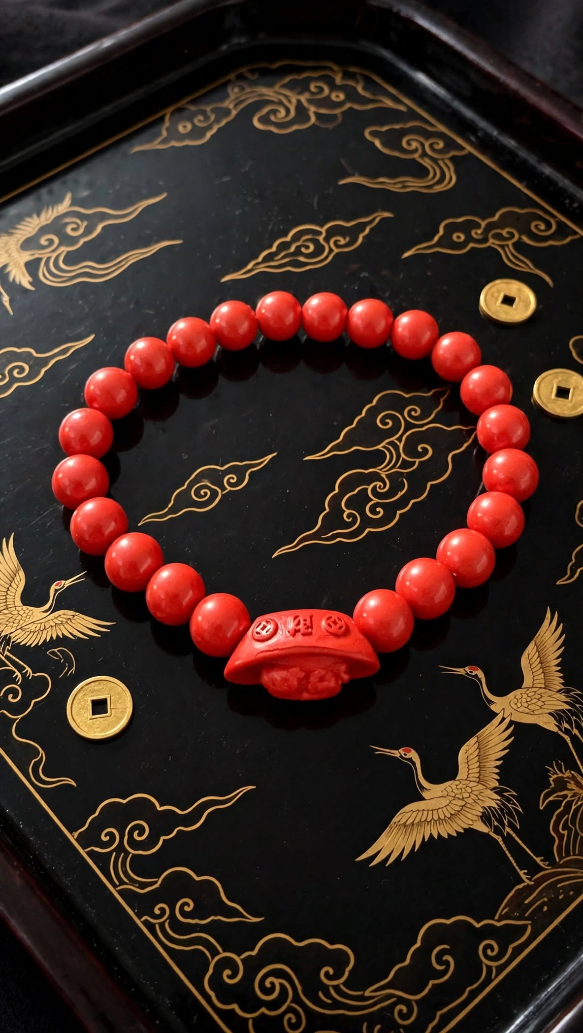 Wealth & Protection Cinnabar Bracelet with Pixiu Gold Ingot