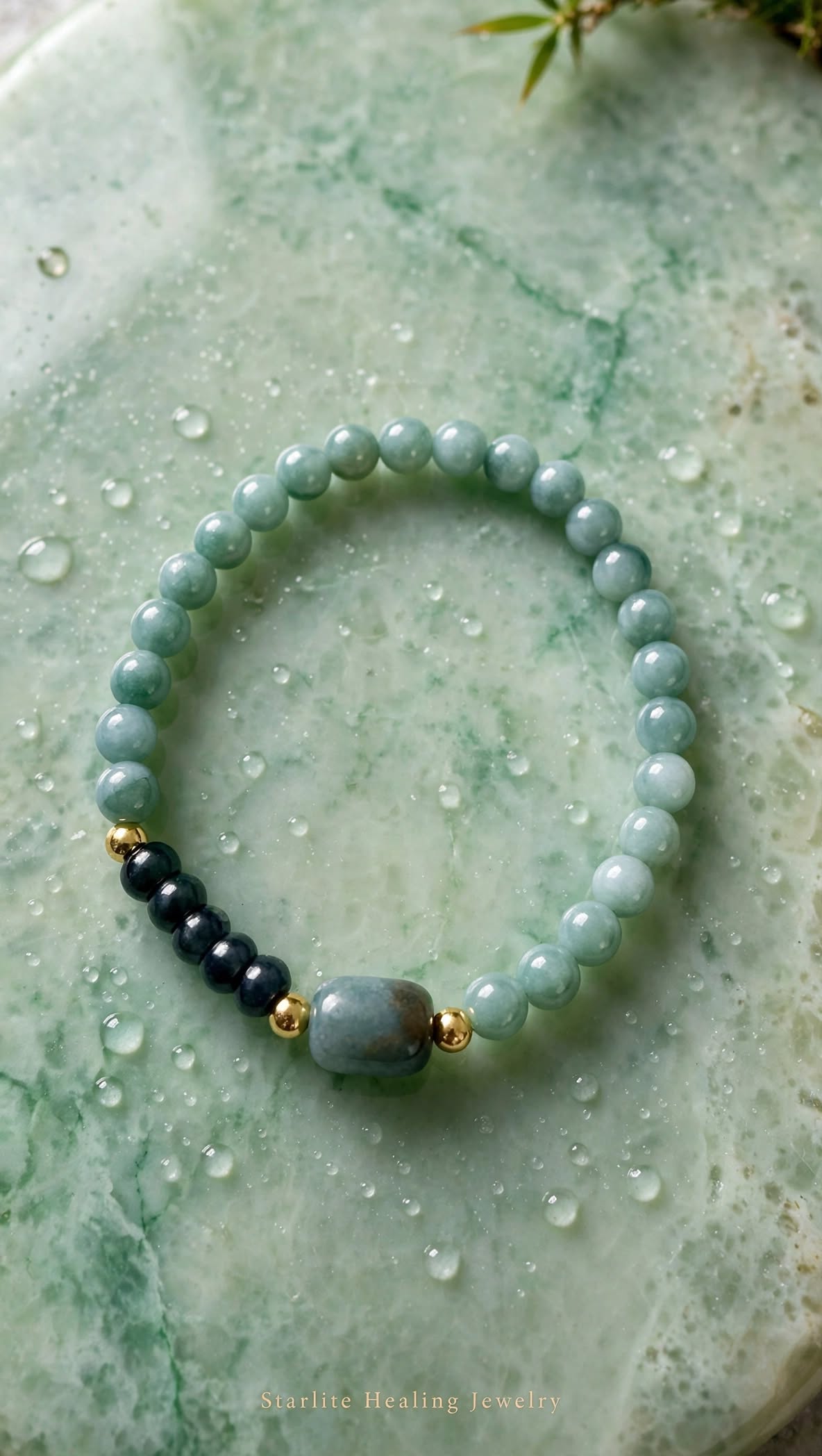 Natural Blue Water & Dark Green Jadeite Barrel Bead Bracelet