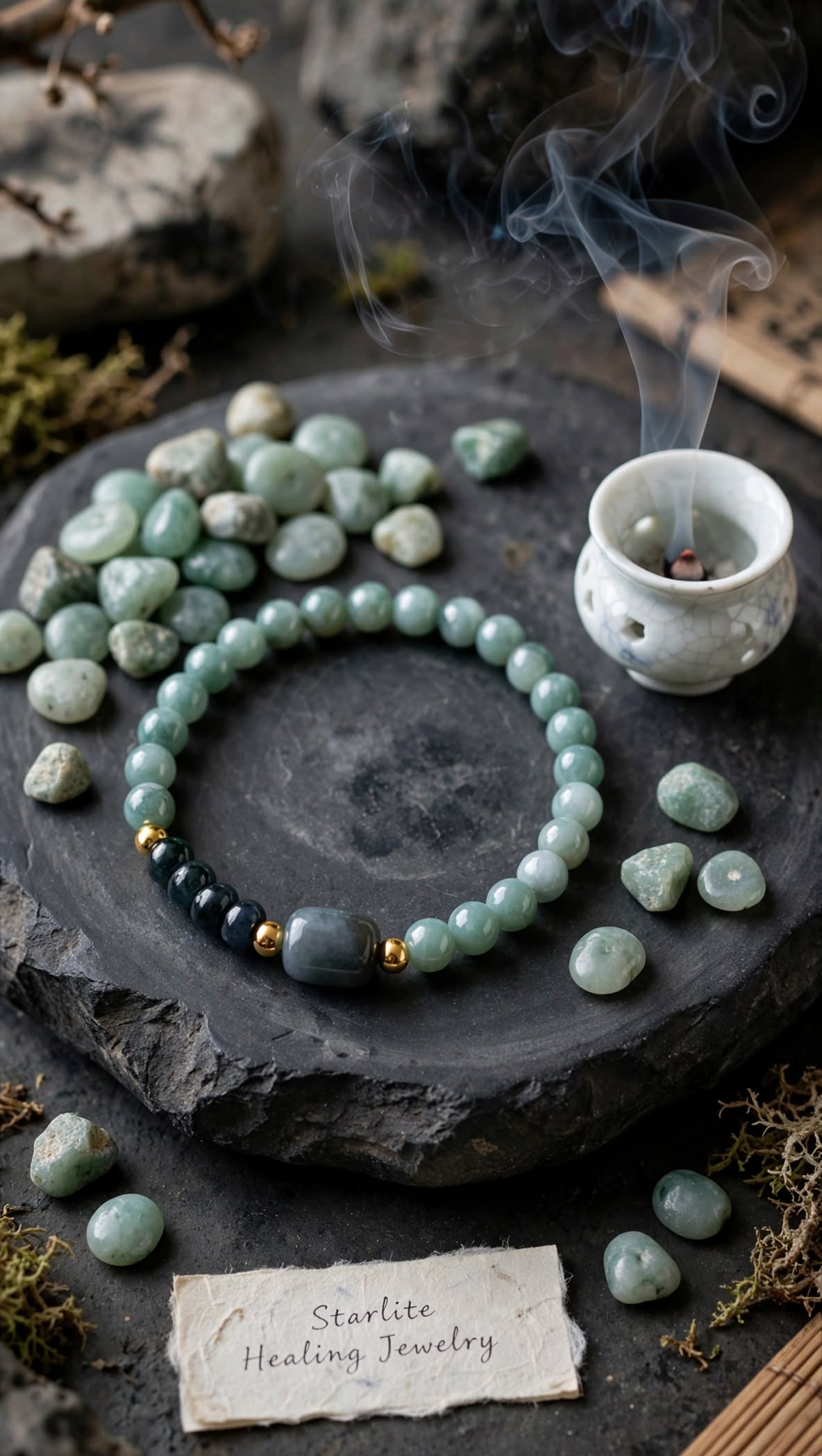 Natural Blue Water & Dark Green Jadeite Barrel Bead Bracelet