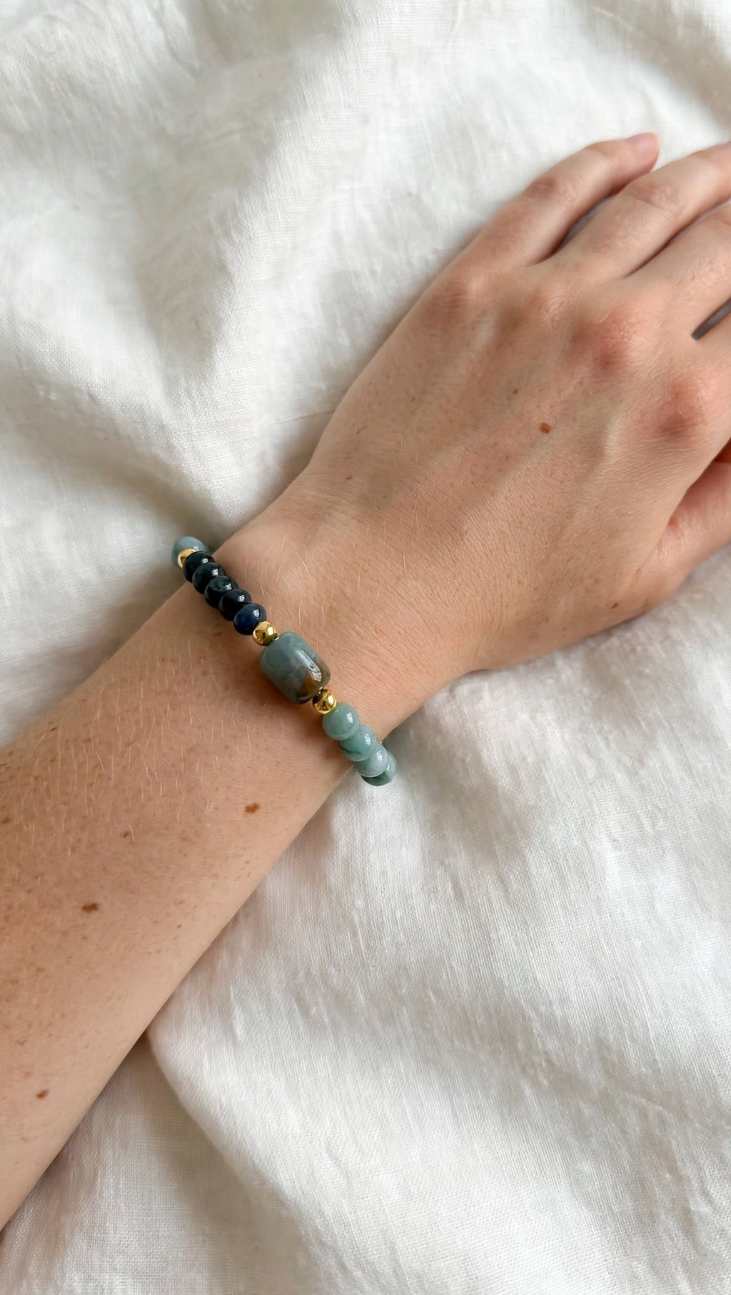 Natural Blue Water & Dark Green Jadeite Barrel Bead Bracelet