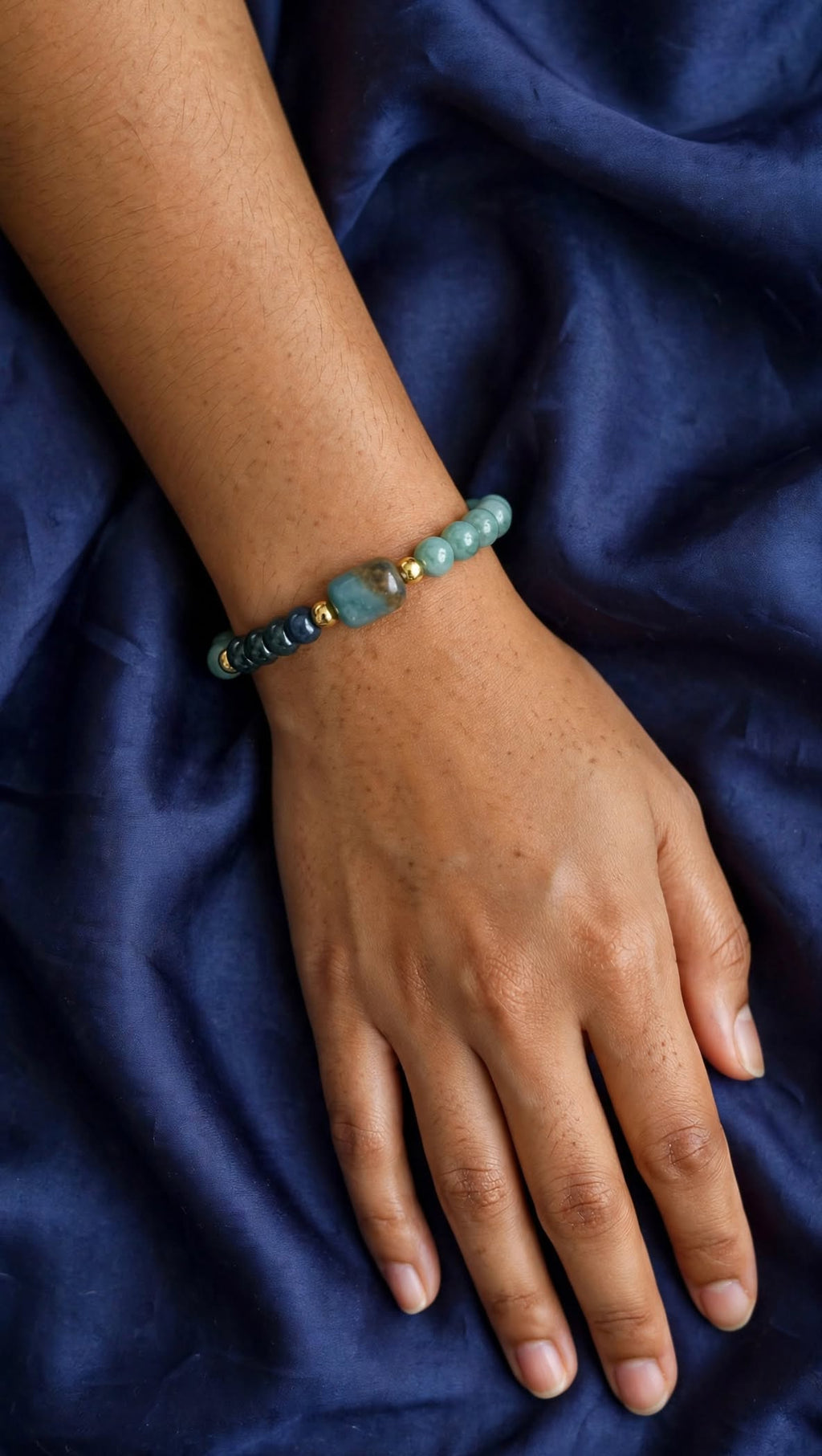 Natural Blue Water & Dark Green Jadeite Barrel Bead Bracelet