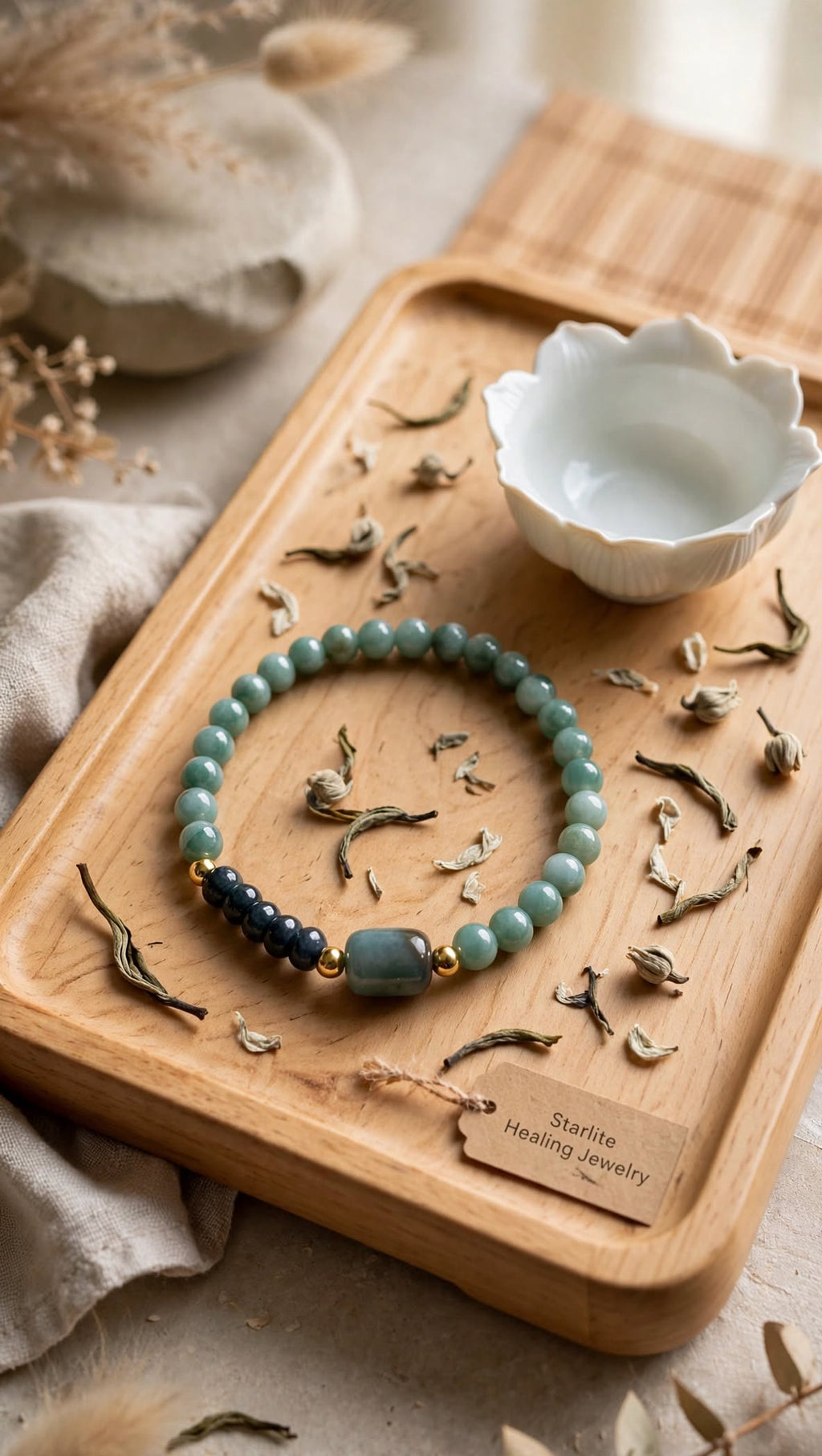 Natural Blue Water & Dark Green Jadeite Barrel Bead Bracelet