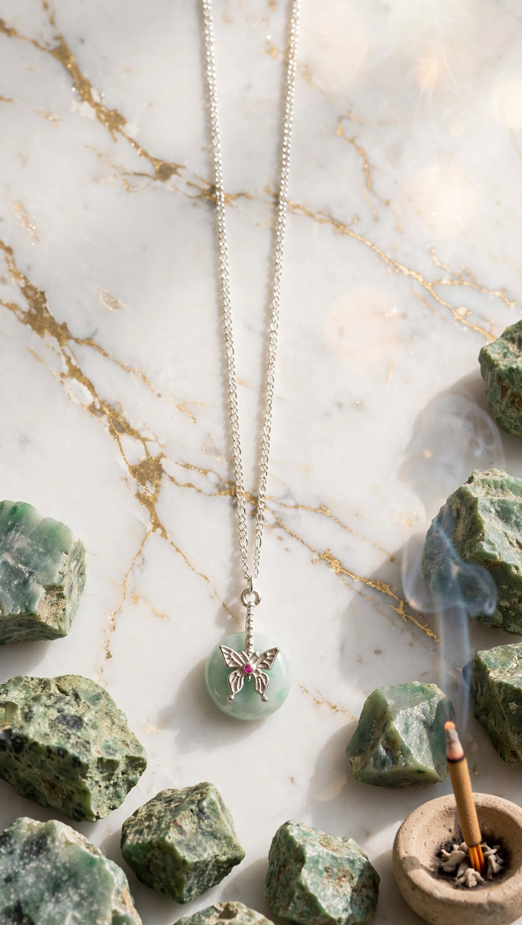Whimsical Butterfly Burmese Jadeite Donut Pendant Necklace