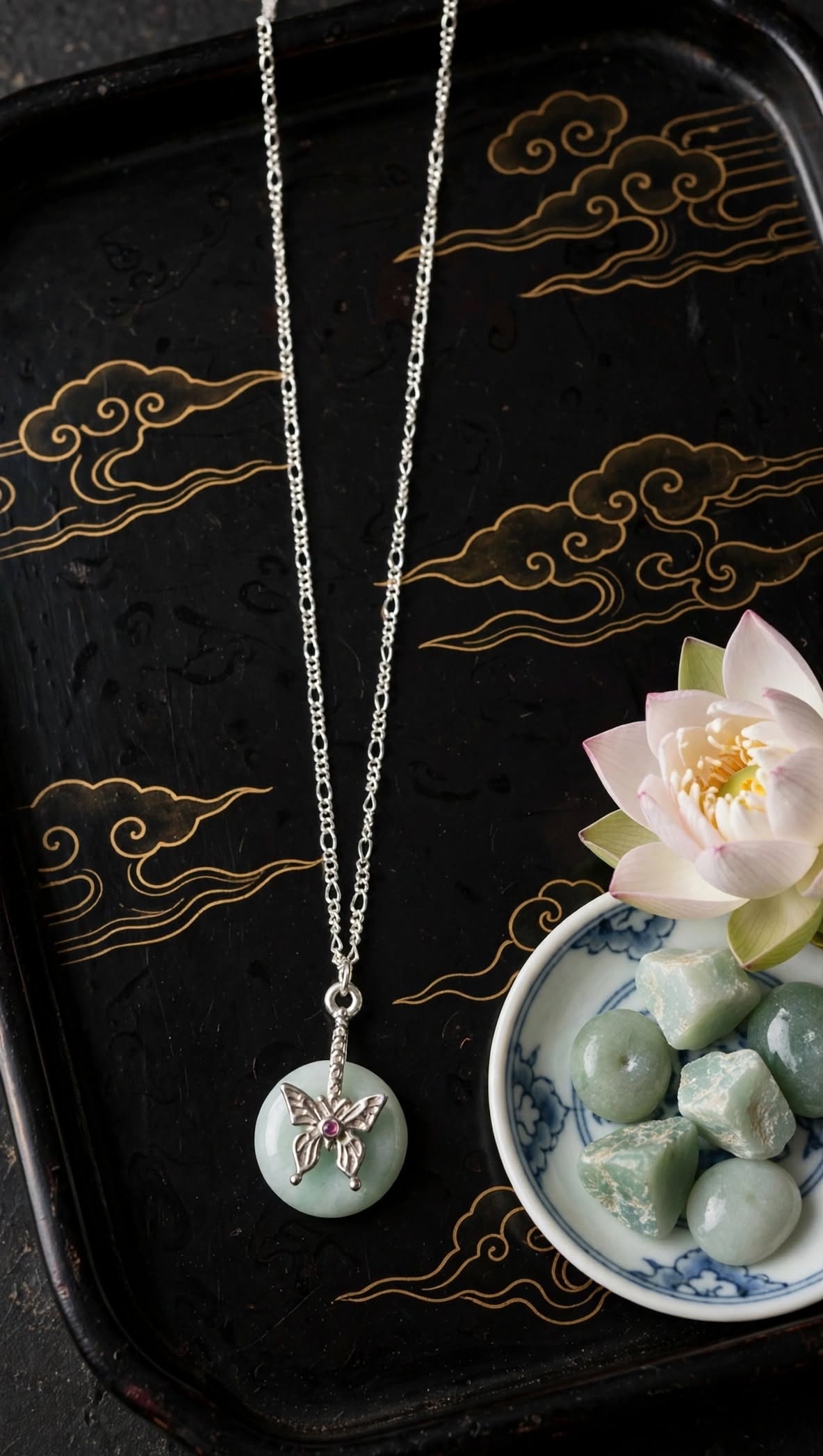 Whimsical Butterfly Burmese Jadeite Donut Pendant Necklace