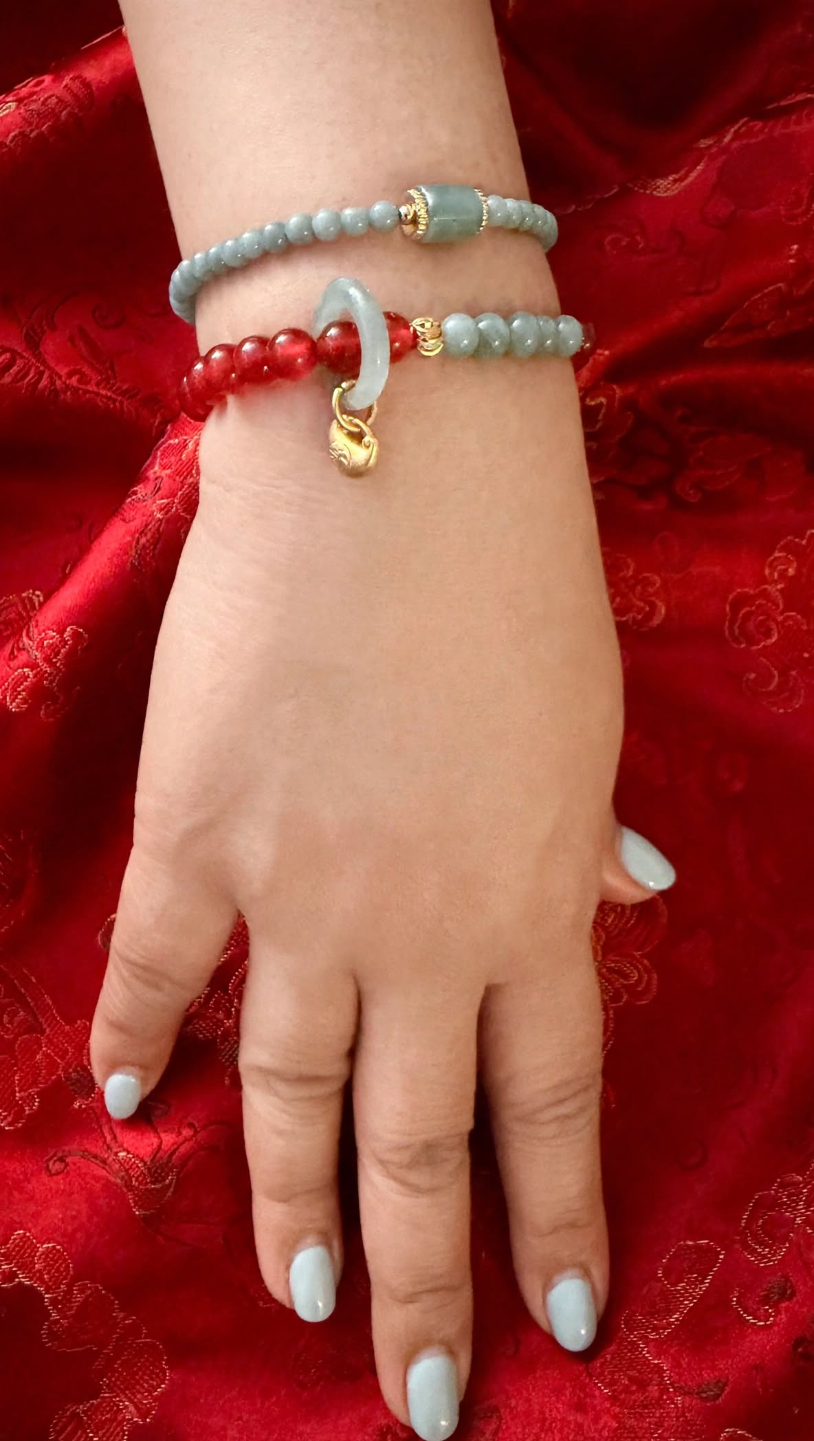 Sardonyx & Blue Water Jadeite 2-Piece Stacking Bracelet Set