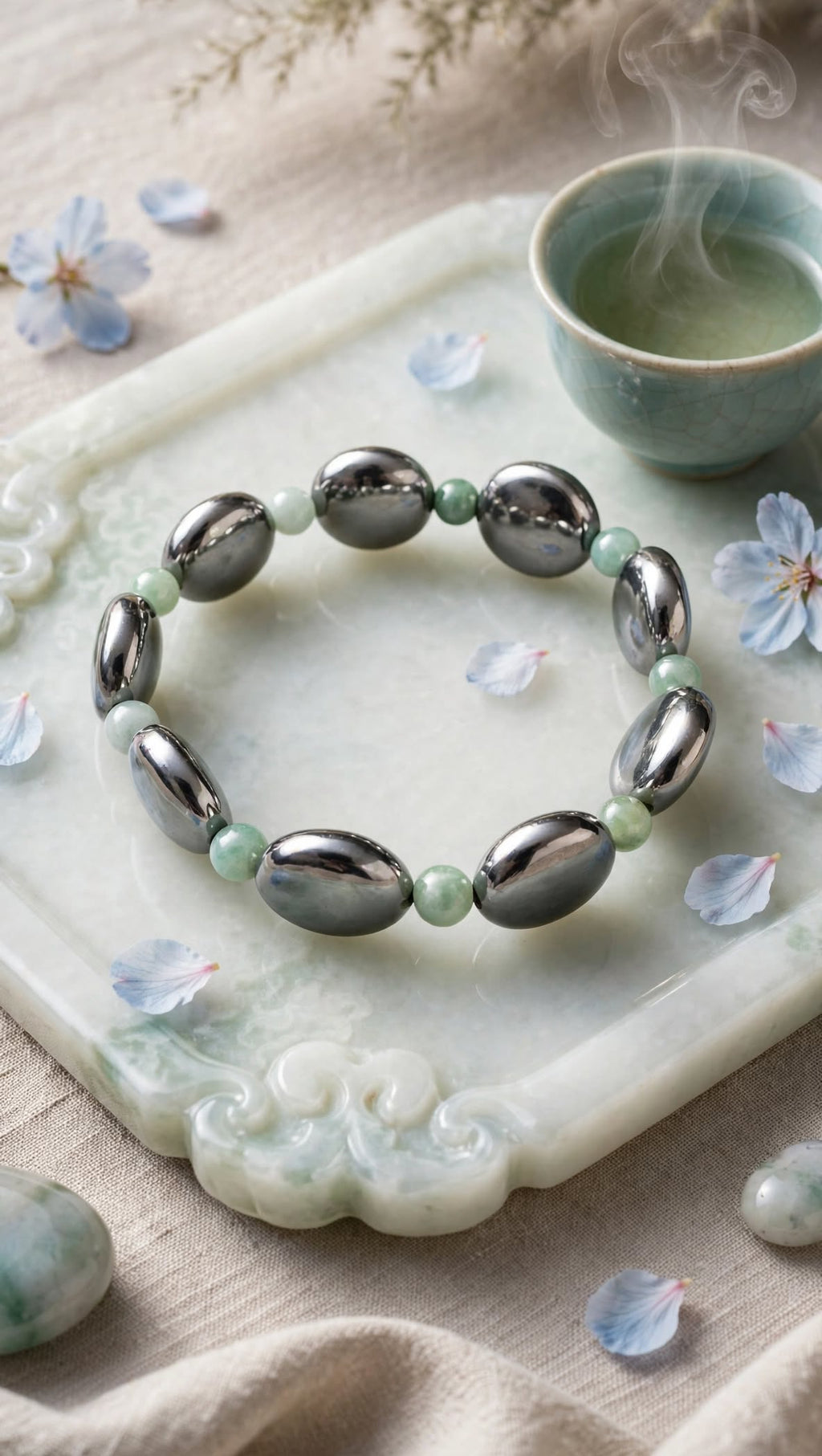 Terahertz Pebble Plate & Light Water Jadeite Beaded Bracelet