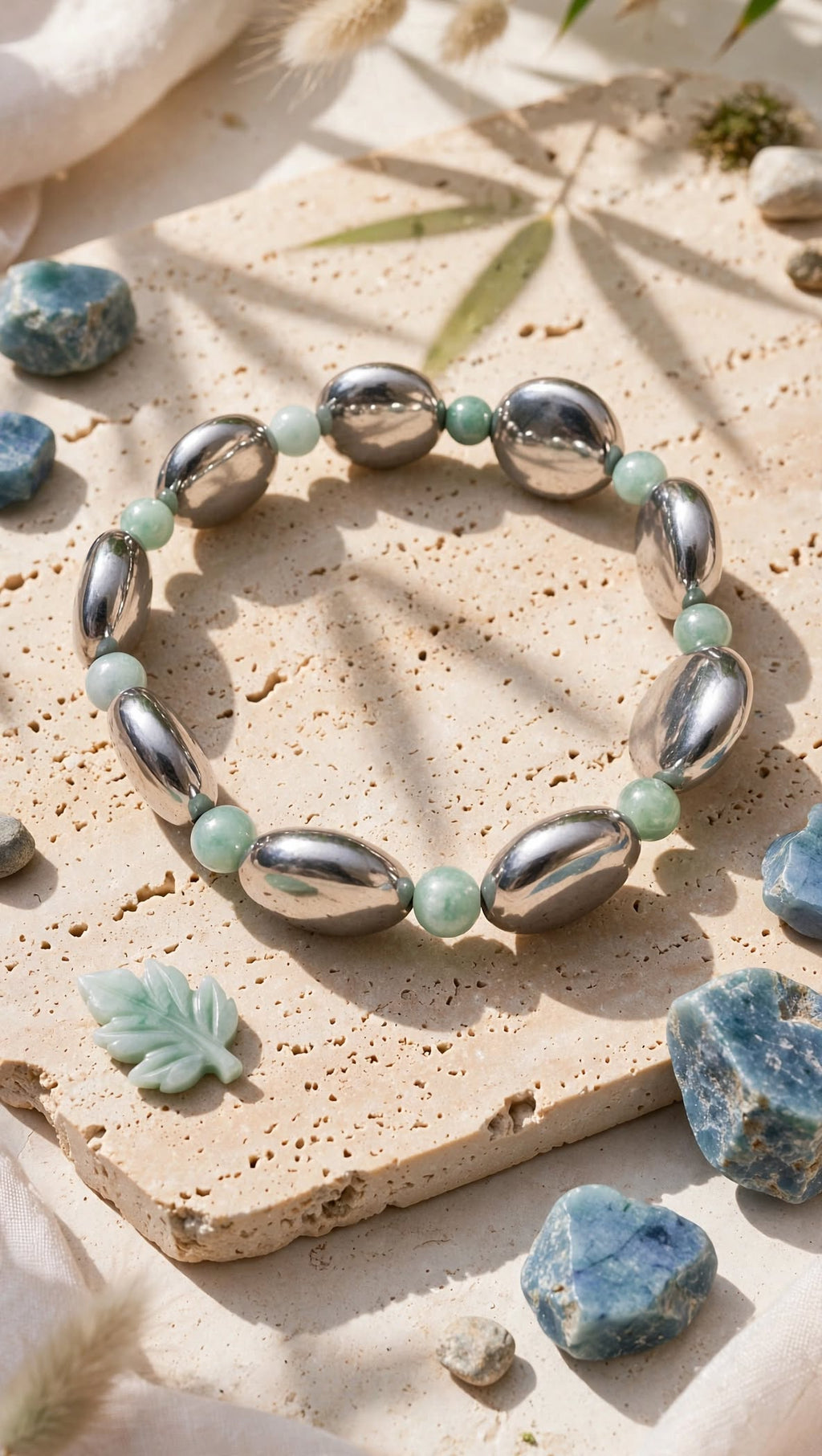 Terahertz Pebble Plate & Light Water Jadeite Beaded Bracelet