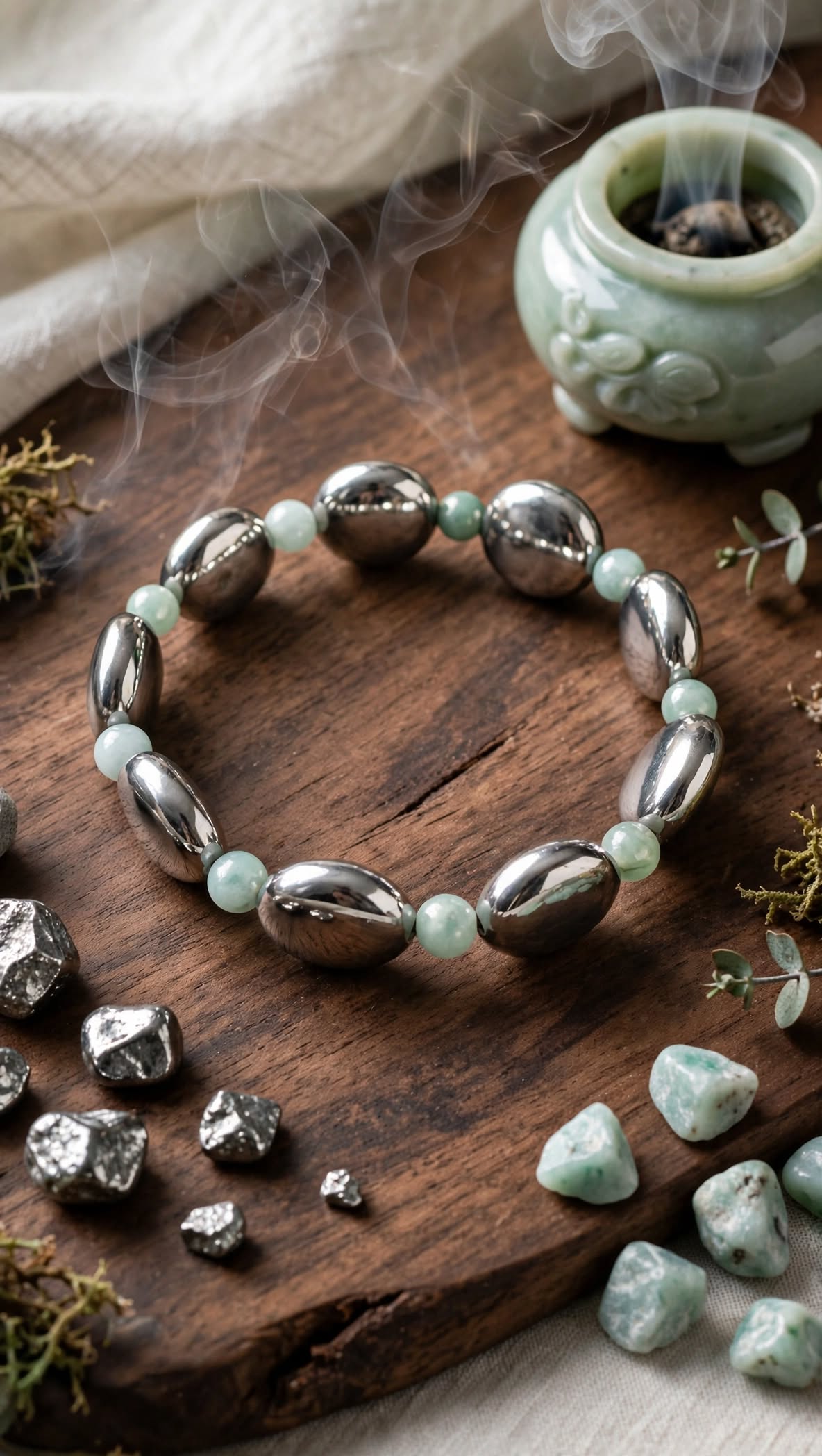 Terahertz Pebble Plate & Light Water Jadeite Beaded Bracelet