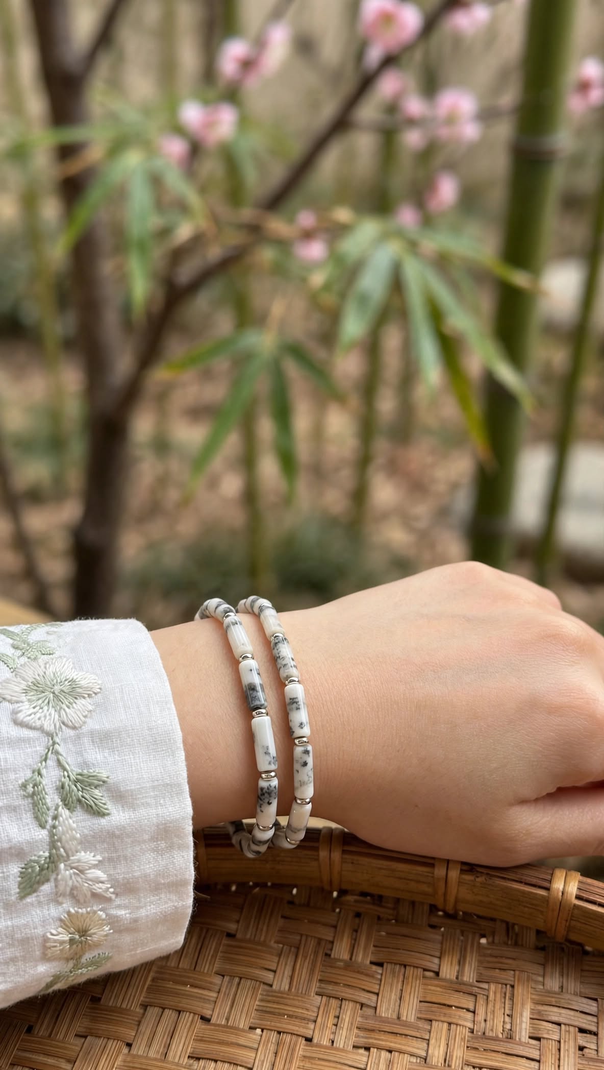 Playful Harmony Pink Zebra Jasper Cylinder Bracelet Set