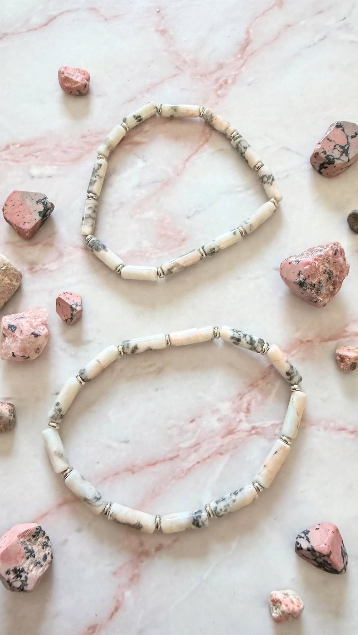 Playful Harmony Pink Zebra Jasper Cylinder Bracelet Set