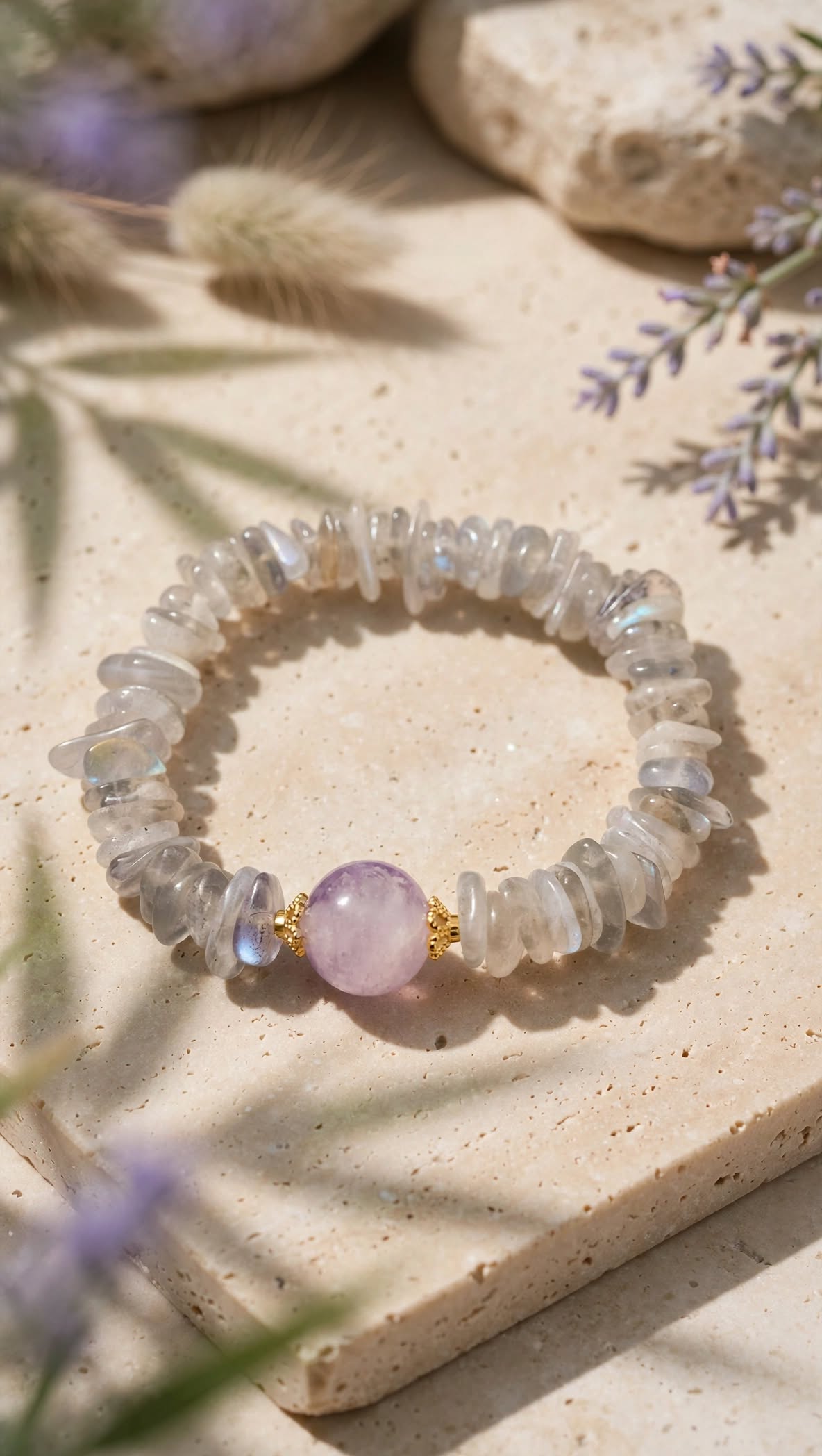 Natural Labradorite Chunky Chip Bracelet with Rose Quartz Focal Bead