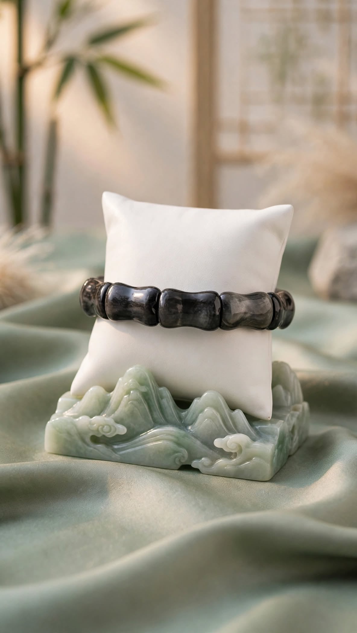 Natural Silver Sheen Obsidian Bamboo Soft Bangle Bracelet