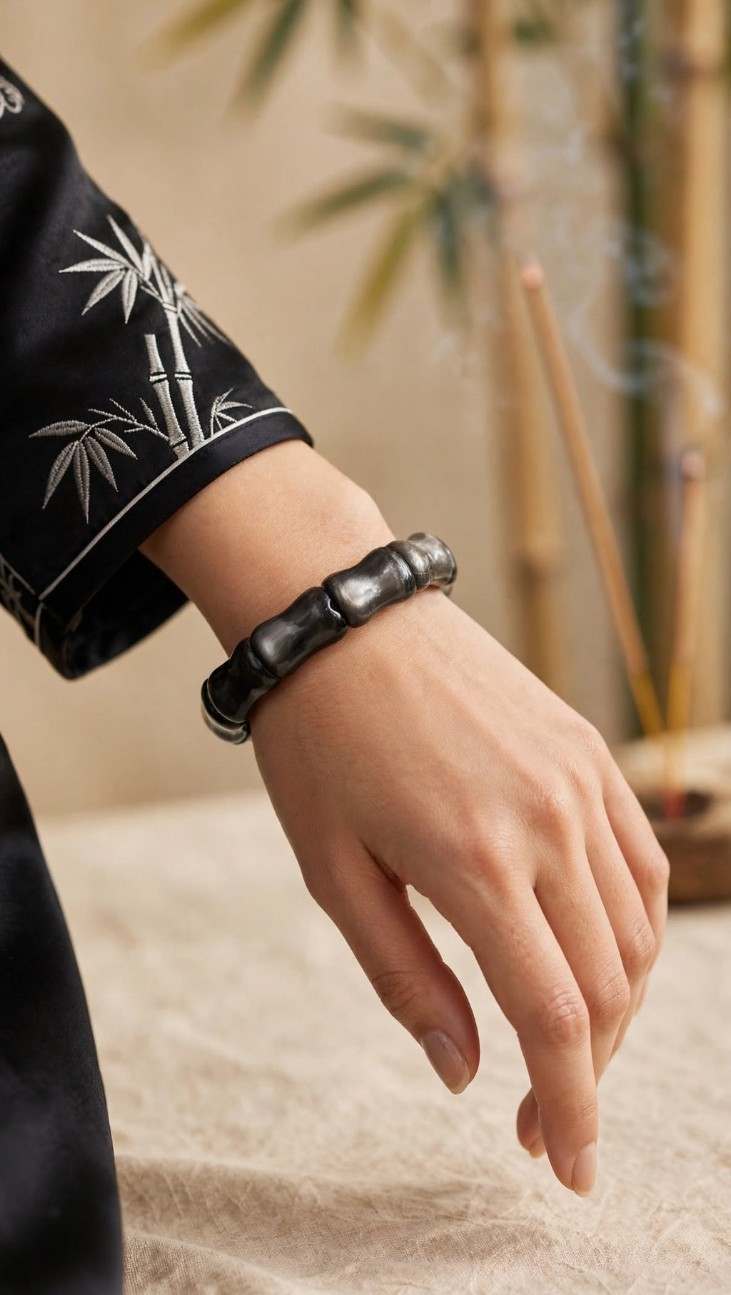Natural Silver Sheen Obsidian Bamboo Soft Bangle Bracelet