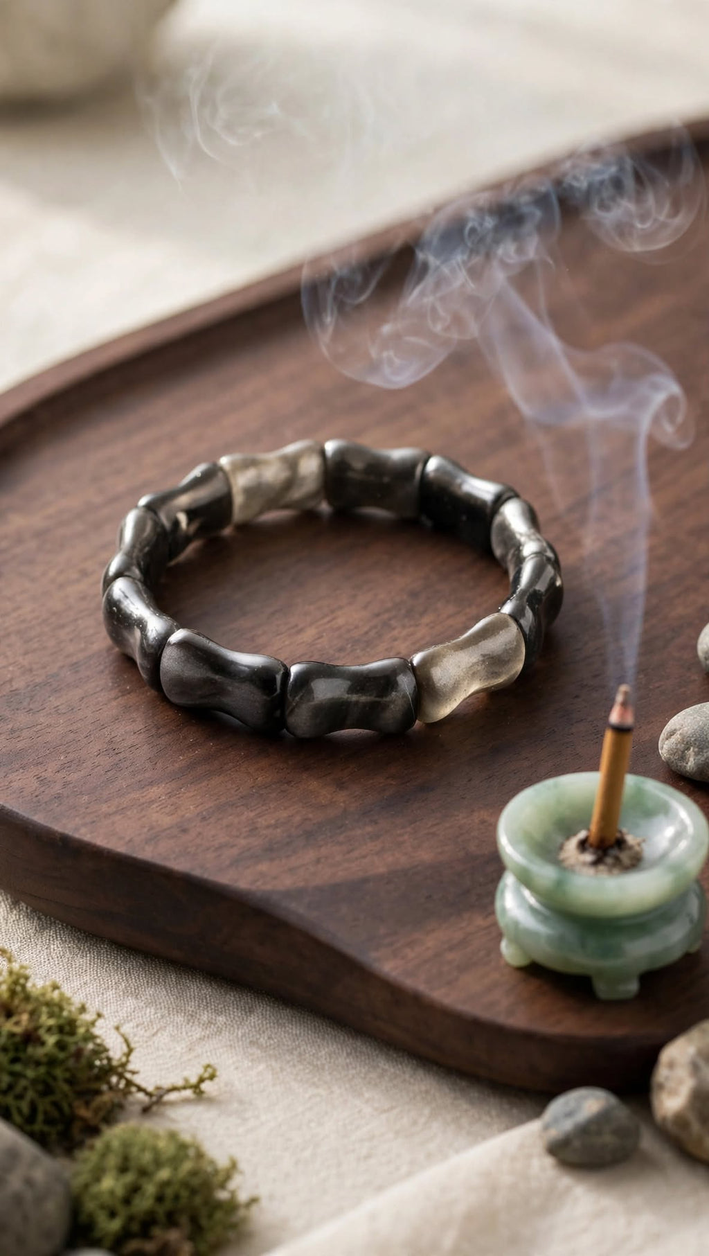 Natural Silver Sheen Obsidian Bamboo Soft Bangle Bracelet