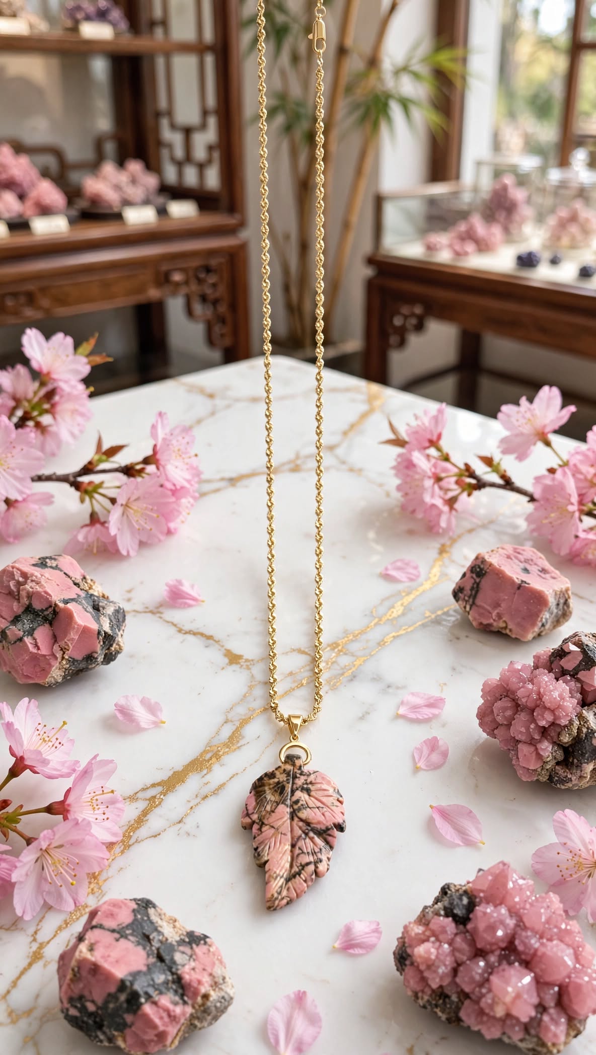 Earthy Romance Rhodonite Leaf Pendant Necklace