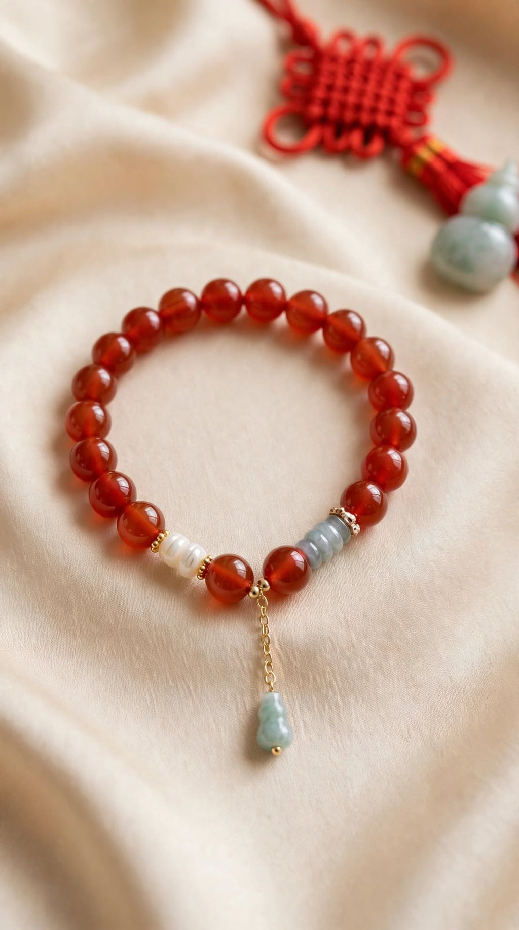 Natural Red Agate & Blue Water Jade Hulu Charm Bracelet