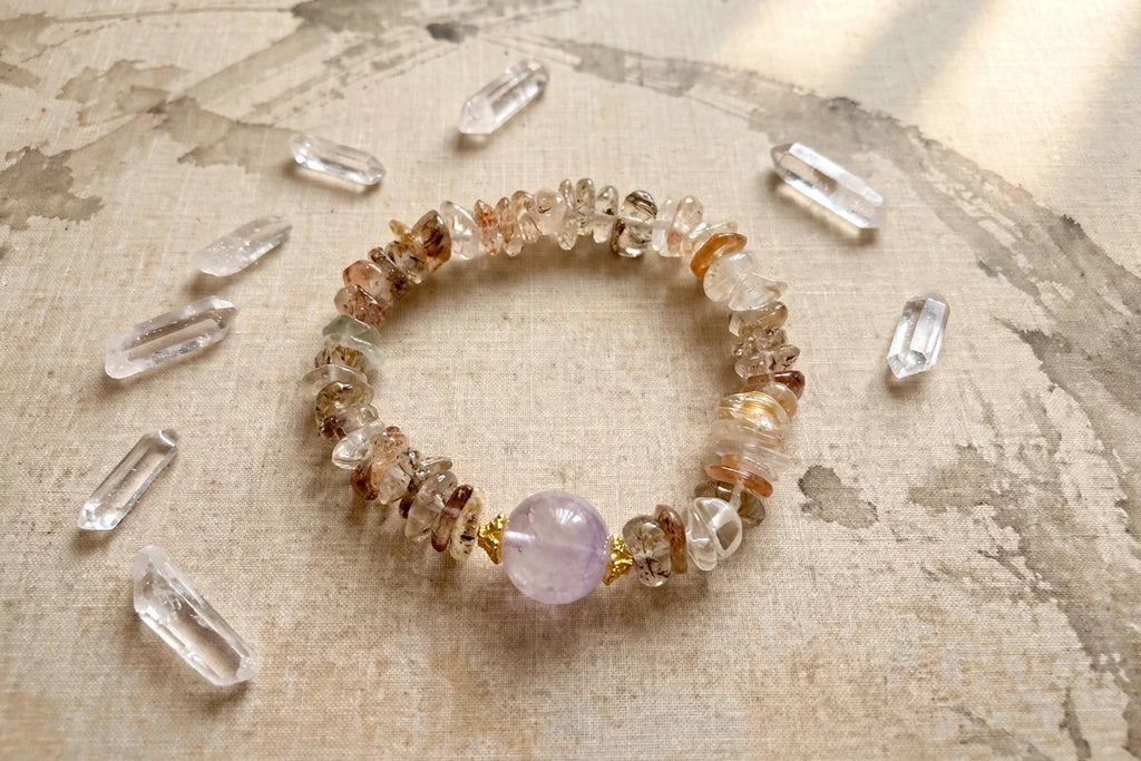 Black Gold Super 7 Chips & Lavender Amethyst Bracelet