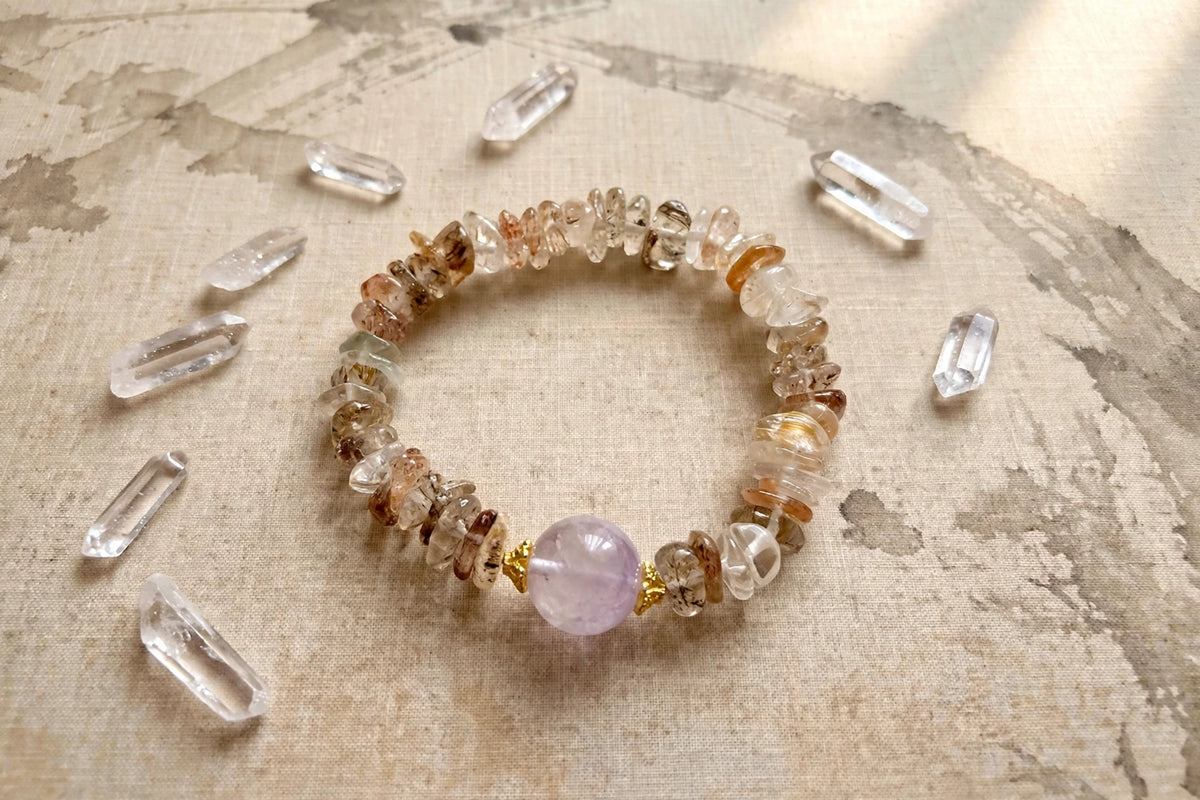 Black Gold Super 7 Chips & Lavender Amethyst Bracelet