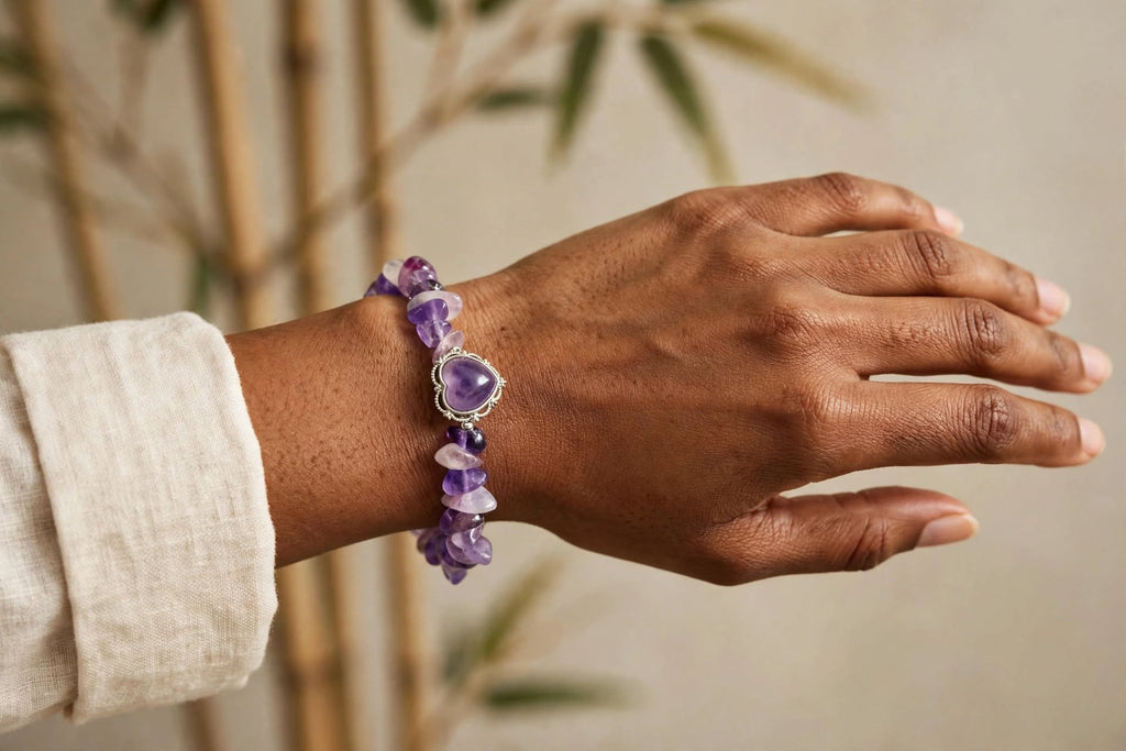 Natural Amethyst Chips Bracelet with Framed Amethyst Heart