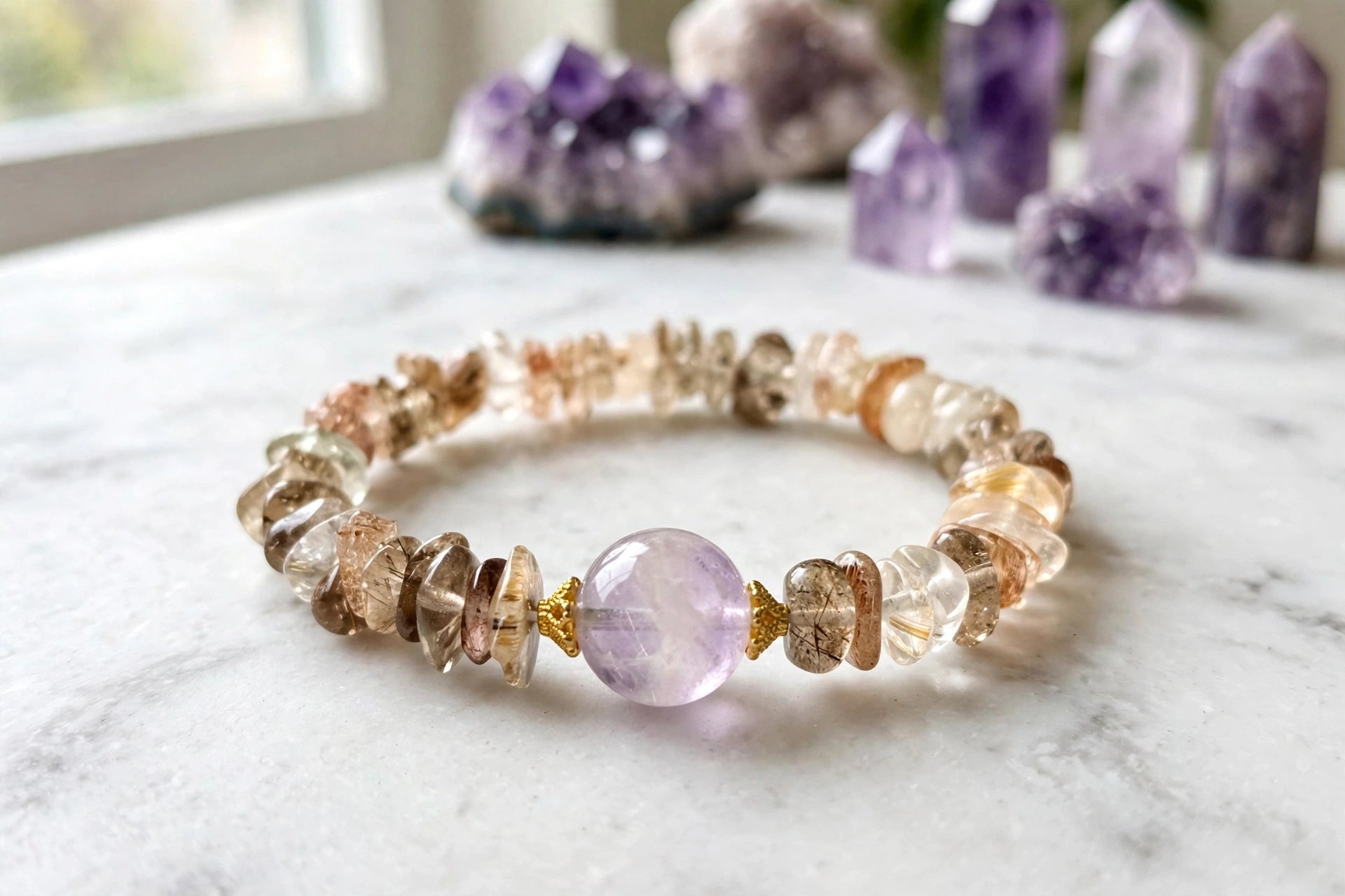Black Gold Super 7 Chips & Lavender Amethyst Bracelet