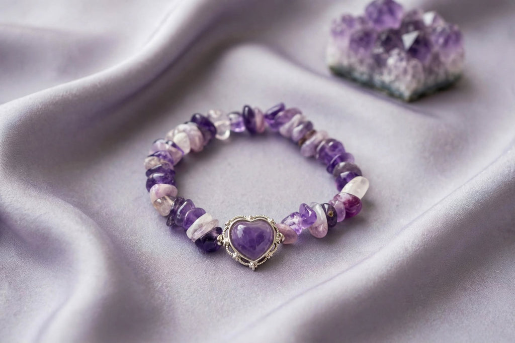 Natural Amethyst Chips Bracelet with Framed Amethyst Heart