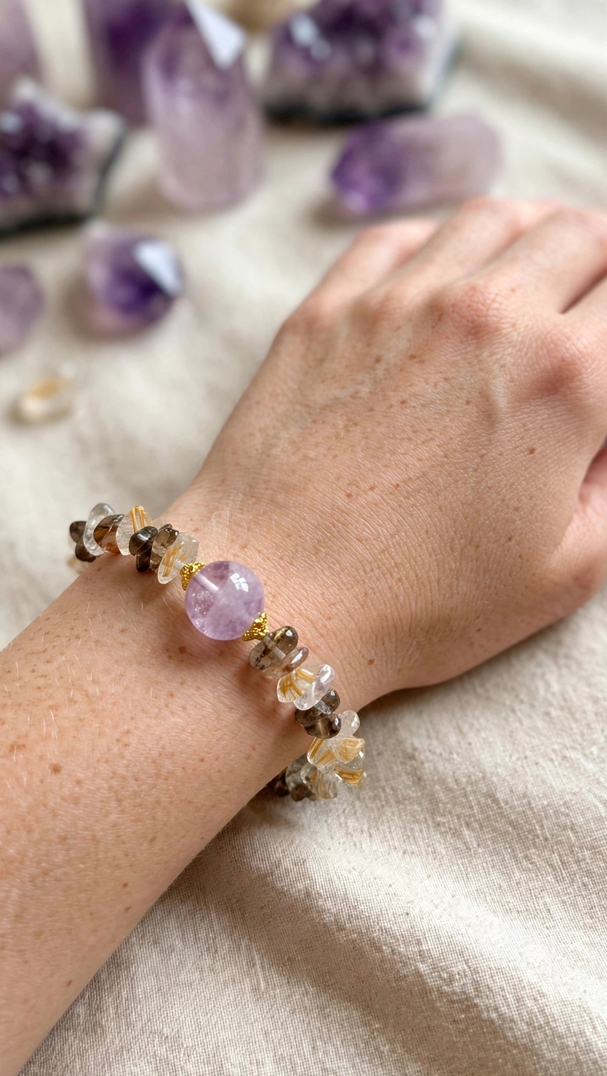Black Gold Super 7 Chips & Lavender Amethyst Bracelet