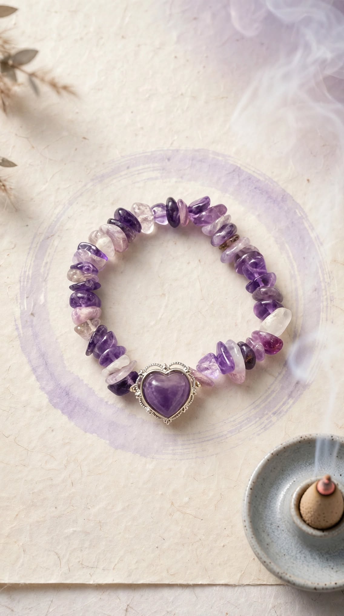 Natural Amethyst Chips Bracelet with Framed Amethyst Heart