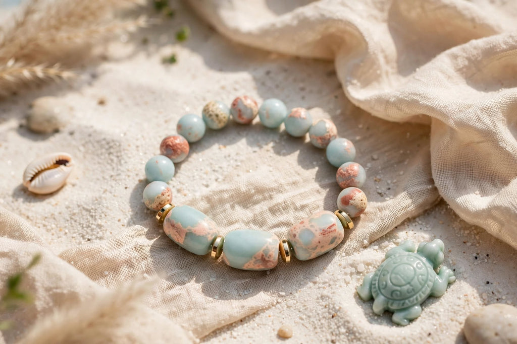 Natural Aqua Terra Jasper Triple-Barrel & Hematite Accent Bracelet