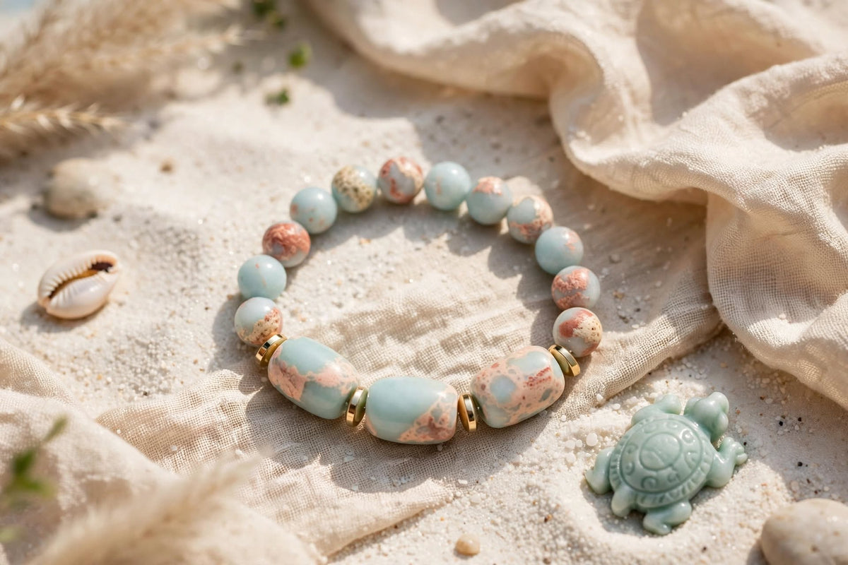 Natural Aqua Terra Jasper Triple-Barrel & Hematite Accent Bracelet