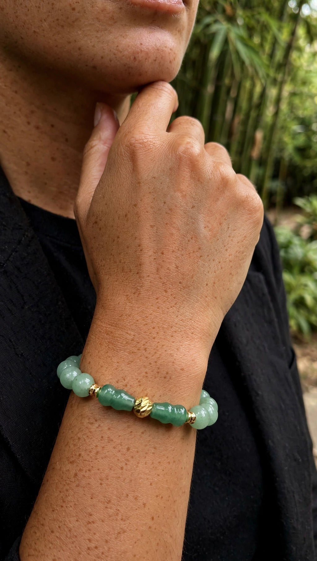 Green Aventurine Hulu & Gold Accent Bracelet
