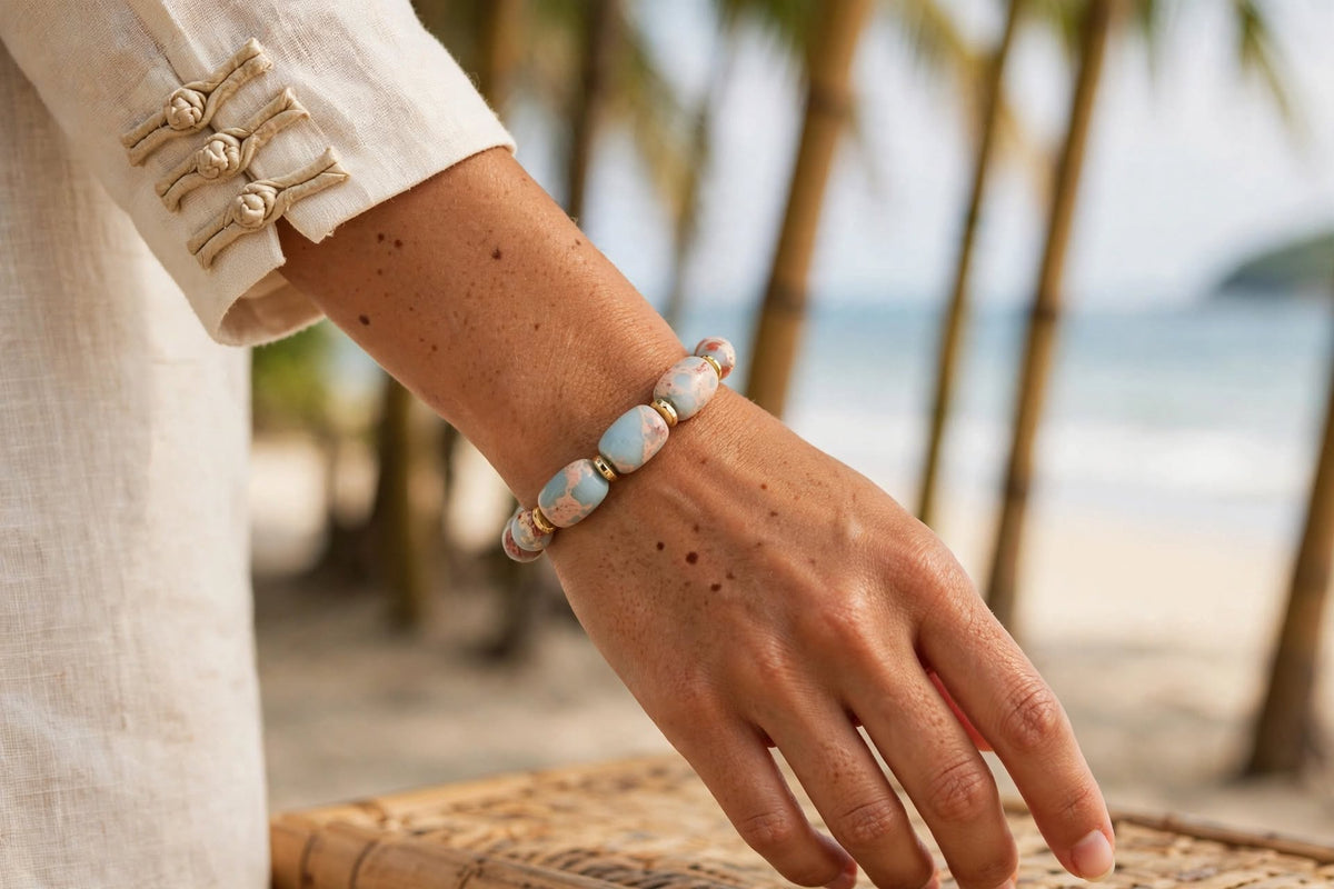 Natural Aqua Terra Jasper Triple-Barrel & Hematite Accent Bracelet