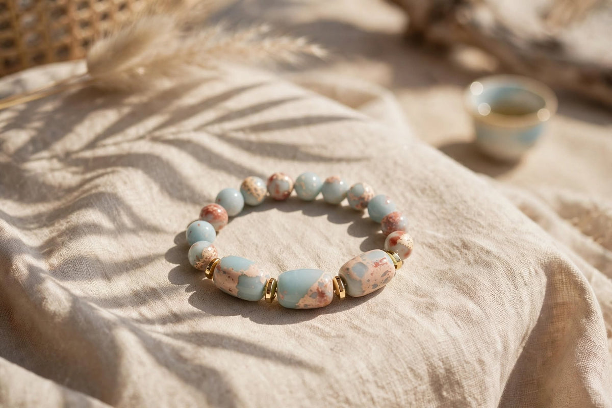 Natural Aqua Terra Jasper Triple-Barrel & Hematite Accent Bracelet