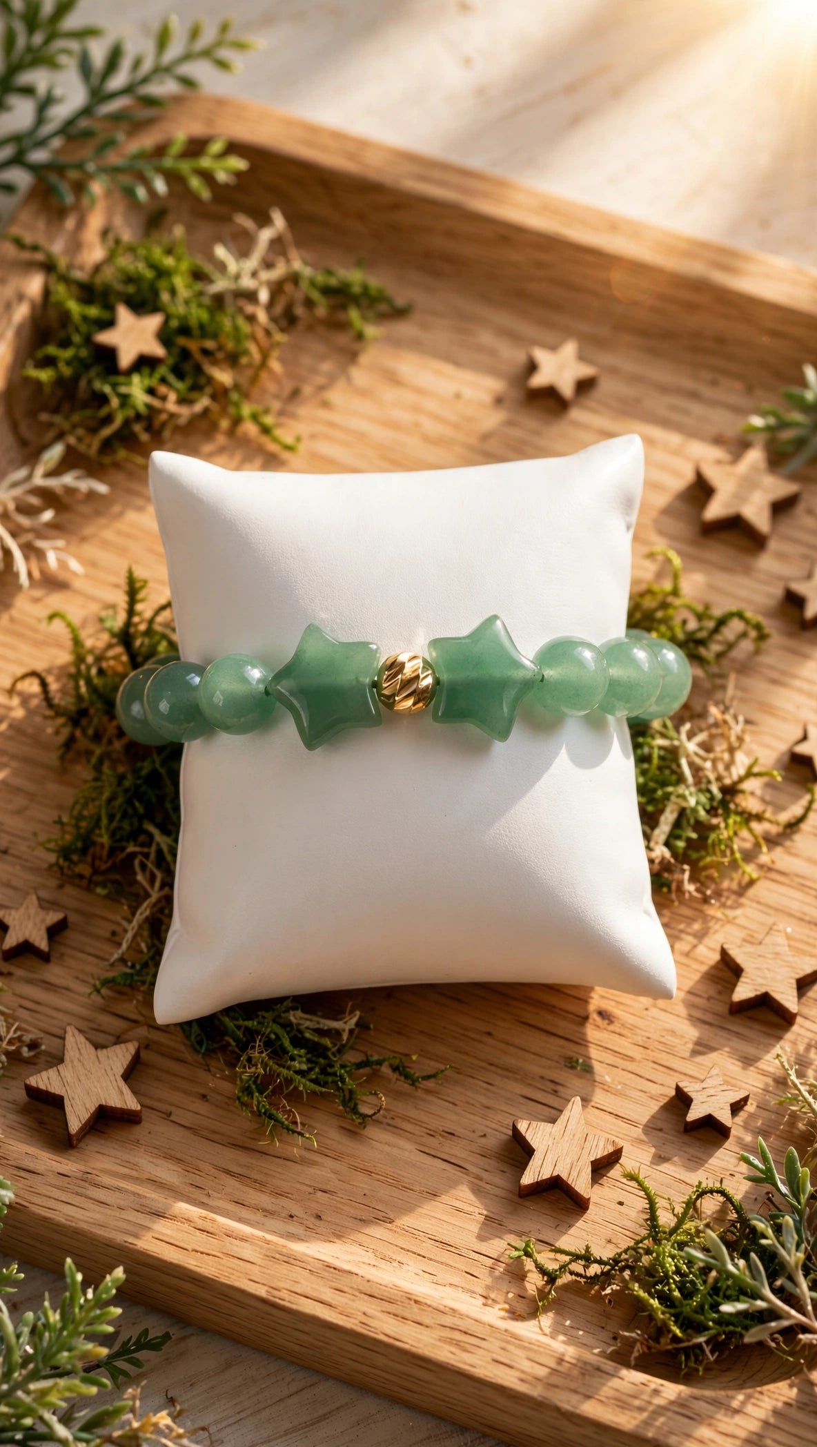 Green Aventurine Bracelet with Double Stars & 18K Gold Filled Bead.