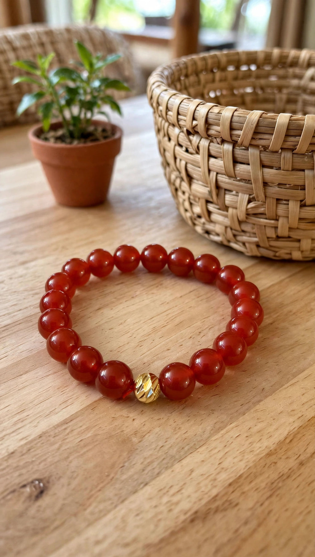 Red Carnelian & Gold Accent Bead Bracelet