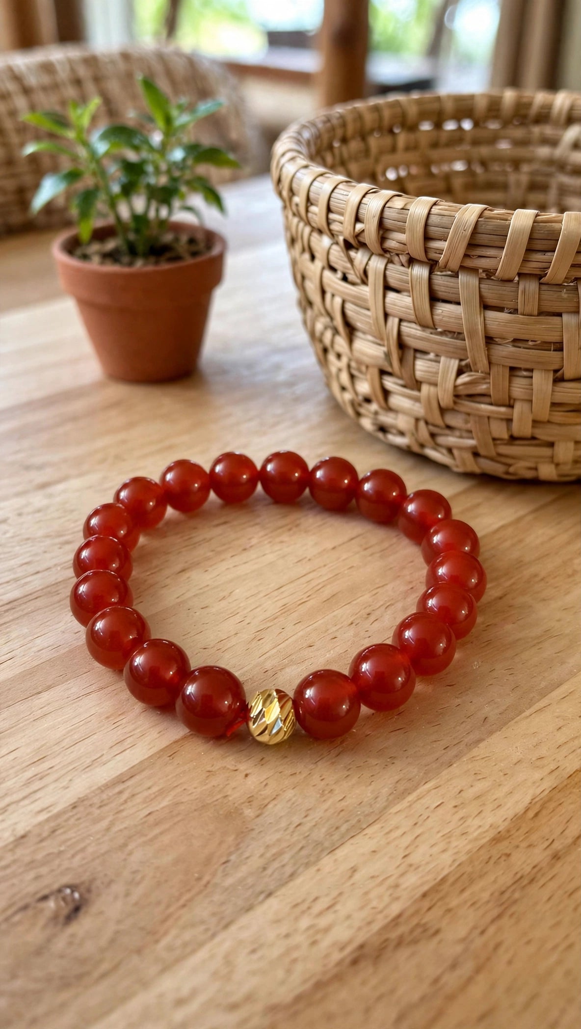 Red Carnelian & Gold Accent Bead Bracelet
