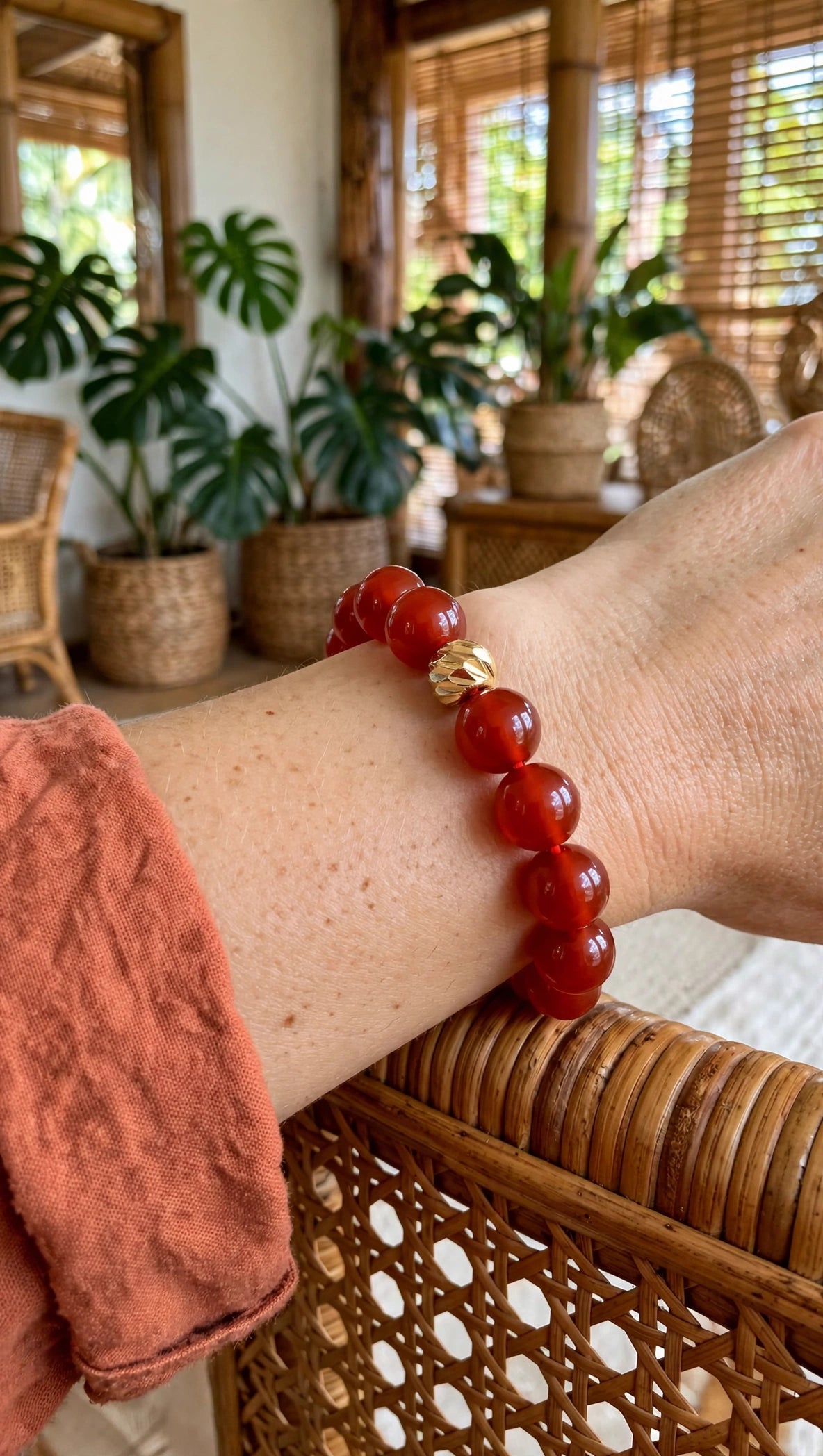 Red Carnelian & Gold Accent Bead Bracelet