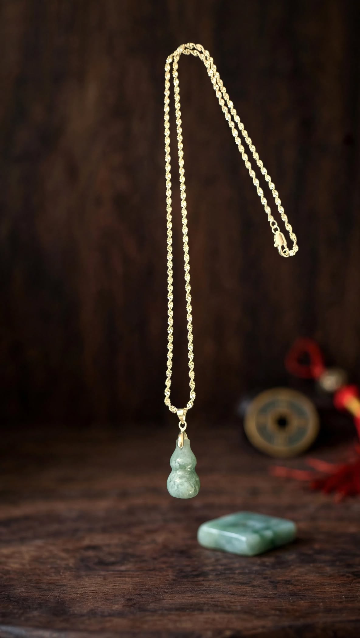 Natural Blue Water Jadeite "Hulu" Gold-Filled Rope Necklace