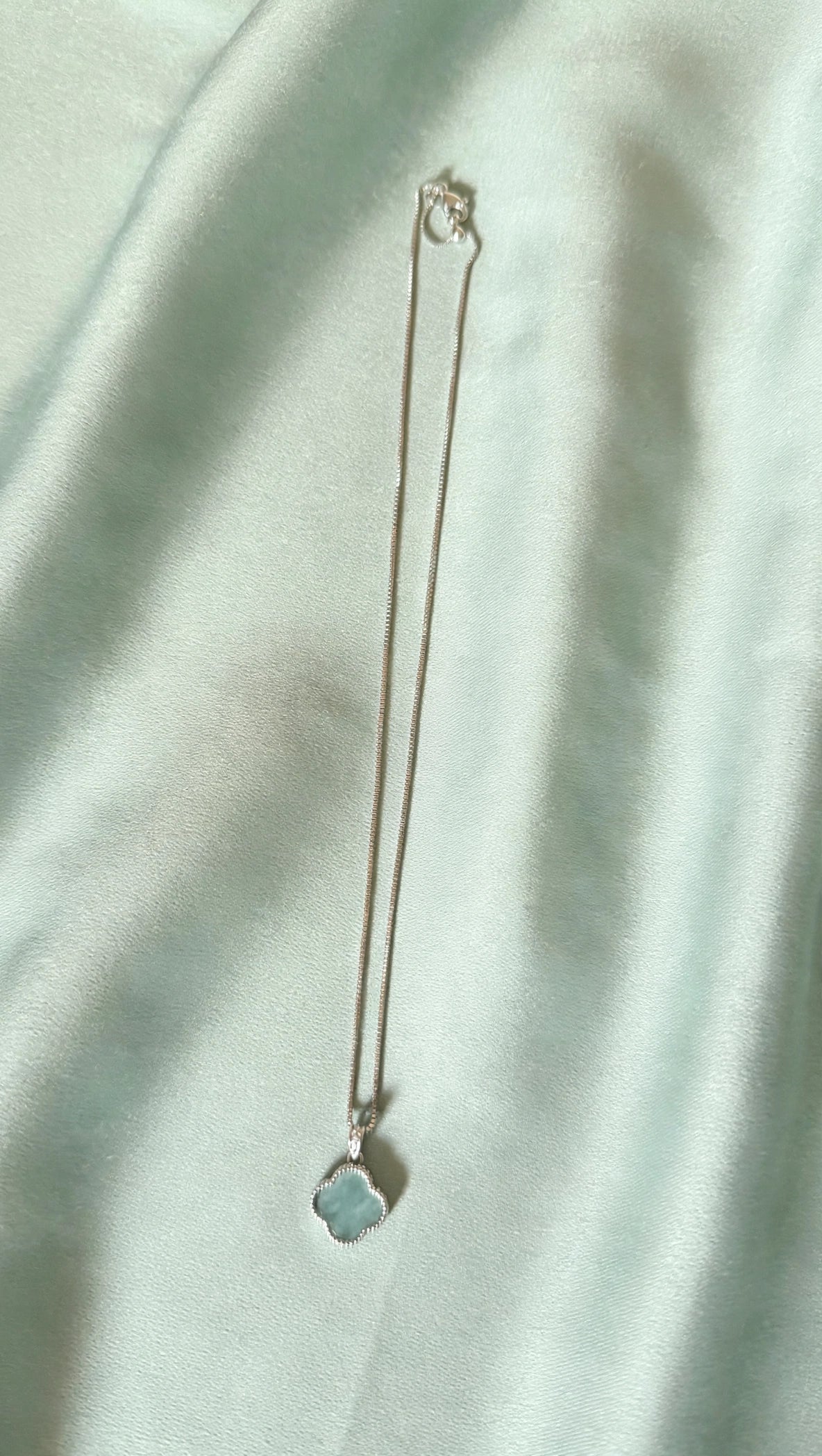Blue Water Jade Clover Pendant Necklace in Silver