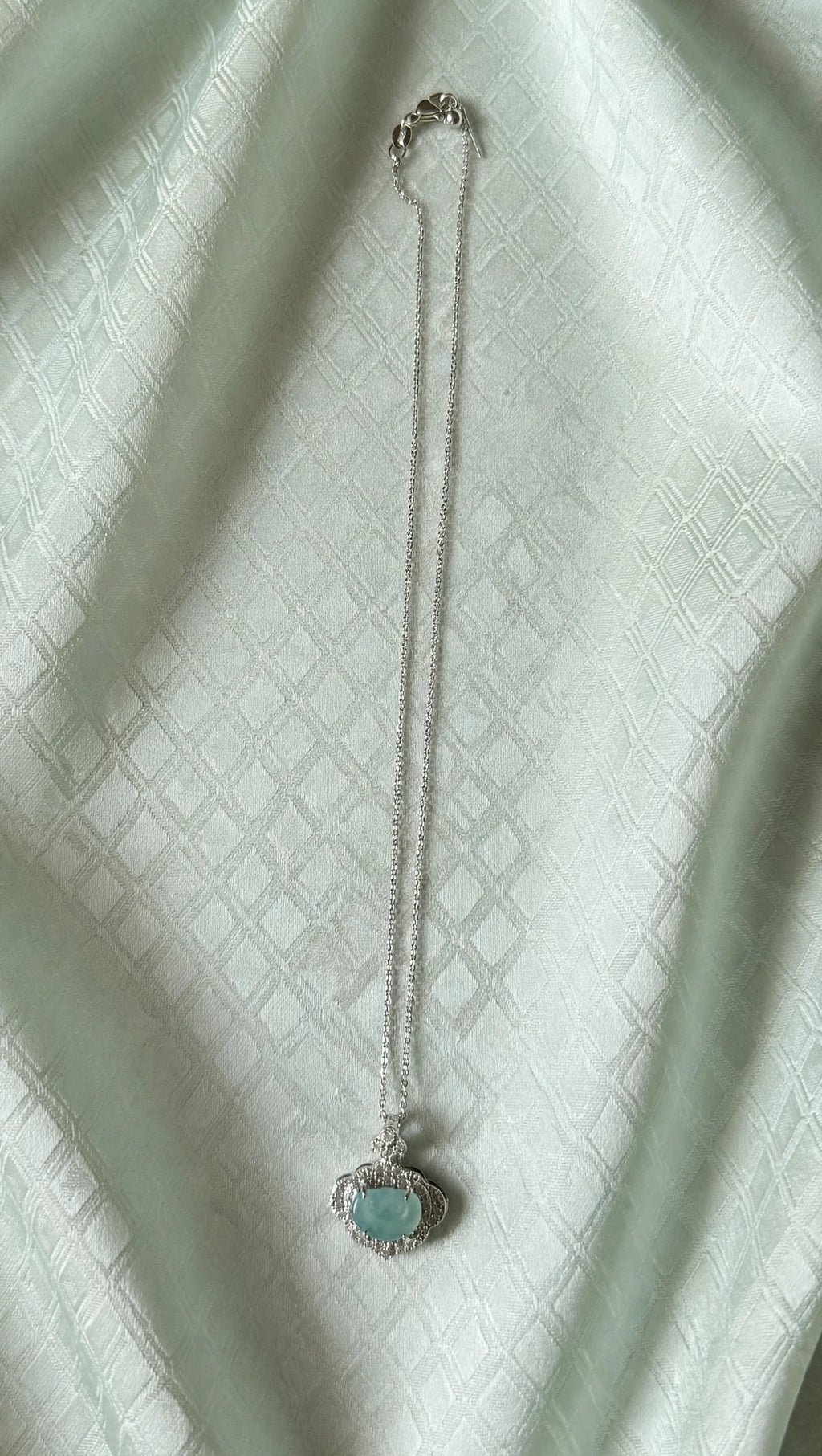 Blue Water Jade Ruyi Pendant Necklace in Silver & CZ