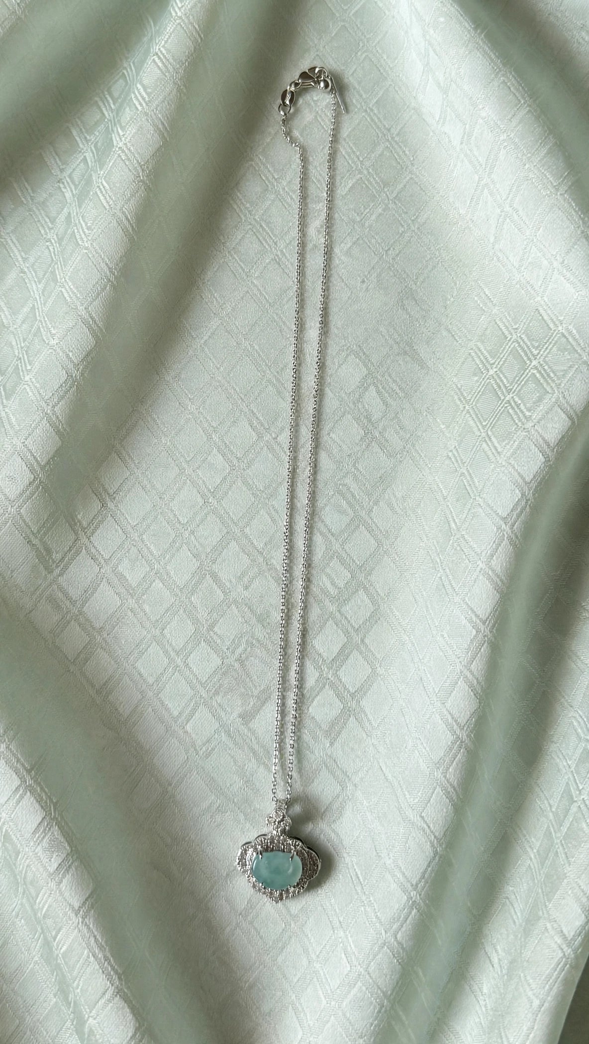 Blue Water Jade Ruyi Pendant Necklace in Silver & CZ